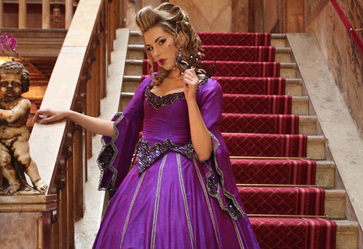 model with a purple ball gown inside the Danieli hotel